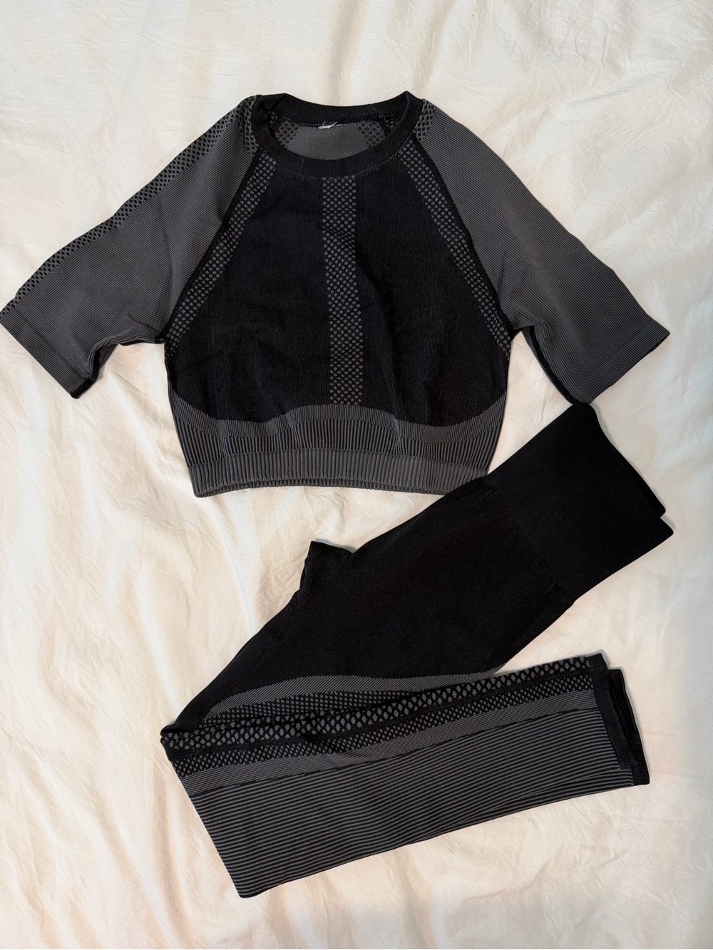Fabletics Black & Dark Gray Seamless Crop Top and Leggings Set